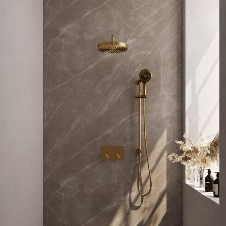 BRAUER Stripe Thermostatische Inbouw Regendouche - drukknoppen - 25cm douchekop - gebogen muurarm - 3-standen handdouche - doucheslang - geïntegreerde glijstang - goud geborsteld PVD 5-GG-433