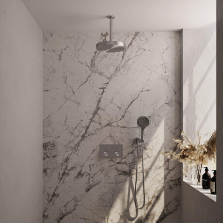 BRAUER Stripe Thermostatische Inbouw Regendouche - drukknoppen - 25cm douchekop - plafondarm - 3-standen handdouche - doucheslang - wandaansluitbocht - RVS-kleurig geborsteld PVD 5-NG-423