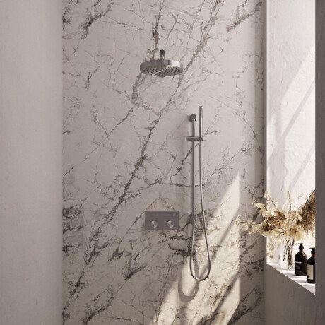 BRAUER Stripe Thermostatische Inbouw Regendouche - drukknoppen - SET 31 - 25cm douchekop - rechte muurarm - staaf handdouche - doucheslang - geïntegreerde glijstang - RVS-kleurig geborsteld PVD 5-NG-425