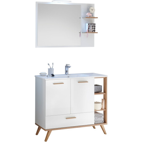 Saphir Badkamerserie Quickset mineraalmarmeren wastafel met led-spiegel, 101 cm breed Wastafelmeubel, 2 deuren, 1 lade, opzij legplanken, badkameraccessoireset (4-delig)