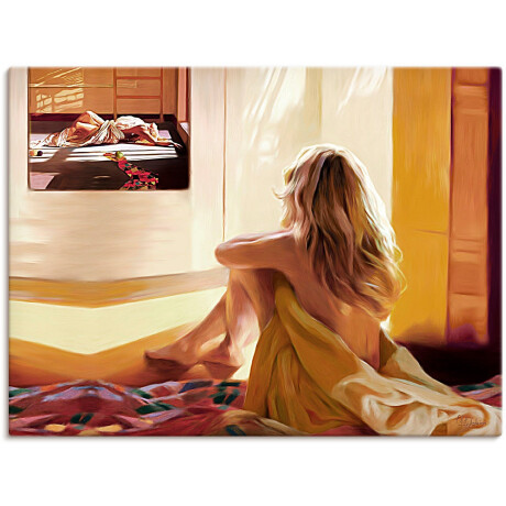 Artland Artprint Blond meisje zit op het bed als artprint van aluminium, artprint voor buiten, artprint op linnen in verschillende maten