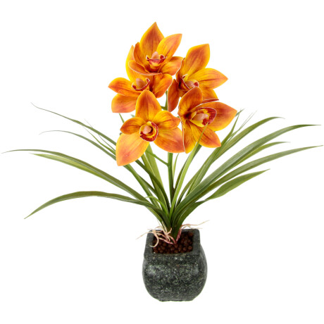 my home Kunstbloem Orchidee Met bladeren in pot van cement, kunstbloem Cymbidium-orchidee (1 stuk)