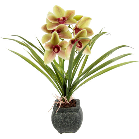 my home Kunstbloem Orchidee Met bladeren in pot van cement, kunstbloem Cymbidium-orchidee (1 stuk)