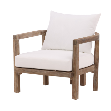 Elio acacia houten tuin lounge fauteuil naturel - met witte zitkussens