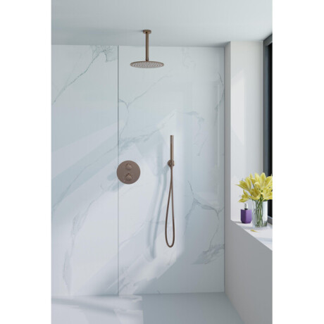 Fortifura Calvi inbouw Regendoucheset - rond - thermostatisch - plafondarm - 25cm hoofddouche - staaf handdouche - Geborsteld koper PVD (Koper) SW970038/SW970041/SW970042/SW970045/SW970046/SW970