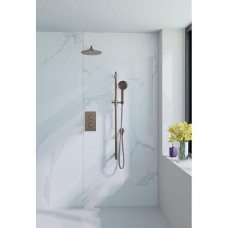 Fortifura Calvi Inbouw Regendoucheset - thermostatisch - wandarm - glijstang - 25cm hoofddouche - ronde handdouche - metalen doucheslang - geborsteld koper PVD (Koper) SW970043/SW970041/SW1159496/SW970048/SW970053/SW11