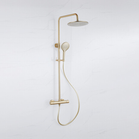 Fortifura Calvi Regendoucheset - thermostatisch - 30cm hoofddouche - gladde slang - ronde handdouche - Geborsteld Messing PVD (Goud) SW1159501 SW1139122 SW799449 SW706206 SW728176