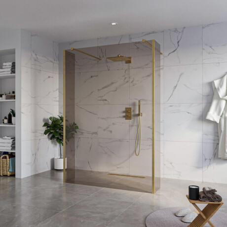 Fortifura Galeria Vrijstaande Inloopdouche - 140x200cm - Rookglas - antikalk - 8mm veiligheidsglas - 2 zijwanden 30cm - wandsteunen en hoekprofielen - Geborsteld Messing PVD (Goud) SW927770 2x/SW797946/SW797930 2x/SW798731 2x