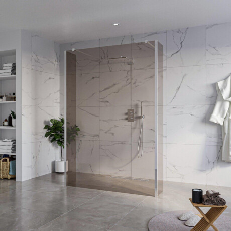 Fortifura Galeria Vrijstaande Inloopdouche - 140x200cm - Rookglas - antikalk - 8mm veiligheidsglas - 2 zijwanden 30cm - wandsteunen en hoekprofielen - Chroom SW927766 2x/SW797946/SW797930 2x/SW358024 2x