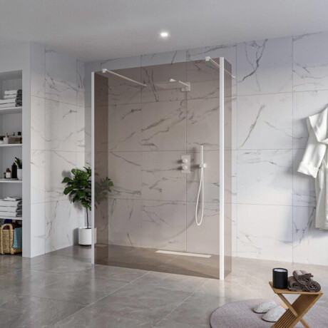 Fortifura Galeria Vrijstaande Inloopdouche - 140x200cm - Rookglas - antikalk - 8mm veiligheidsglas - 2 zijwanden 30cm - wandsteunen en hoekprofielen - Wit mat SW927768 2x/SW797946/SW797930 2x/SW541264 2x