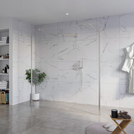 Fortifura Galeria Vrijstaande Inloopdouche - 180x200cm - Helder - antikalk - 8mm veiligheidsglas - 2 zijwanden 40cm - wandsteunen en hoekprofielen - Geborsteld RVS PVD (RVS) SW927769 2x/SW797920/SW797911 2x/SW798730 2x