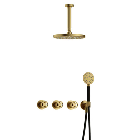 Hotbath Cobber IBSW70 Regendoucheset inbouw - 15cm plafondarm - 20cm ronde hoofddouche - 3 standen handdouche - Geborsteld messing PVD IBSW70BBP12