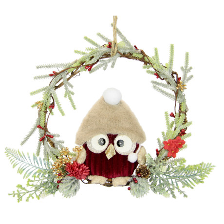I.GE.A. Kunstkrans Dennengroen krans uil/bessen/den Gedecoreerde kerstkrans decor kerstdecoratie deurkrans adventskrans (1 stuk)