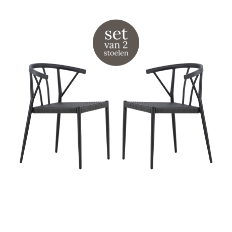 Julian aluminium tuinstoel zwart - met rattan zitting - set van 2