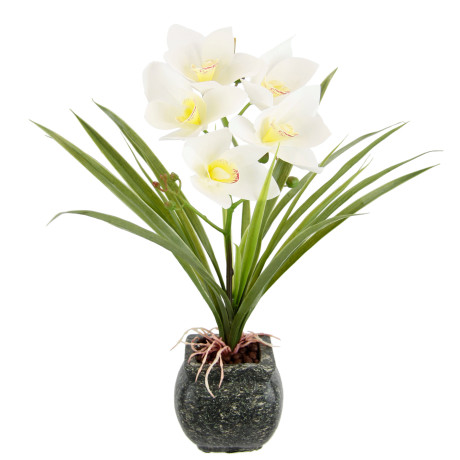my home Kunstbloem Orchidee Met bladeren in pot van cement, kunstbloem Cymbidium-orchidee (1 stuk)