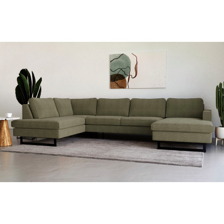 Places of Style Zithoek Pinto, 350 cm, U-vorm, XXL, met ottomanen Cord, chenille, leerlook, met bies, metalen voeten, golfondersteuning