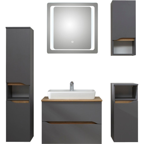 Saphir Badkamerserie Quickset 5-delig, keramieken opzetwasbak met led-spiegel Halfhoge kast, onderkast, hangend kastje, inclusief deurdemper, 6 deuren (7-delig)