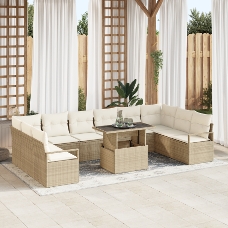 vidaXL 11-delige tuinbankset met cushions in beige poly rattan