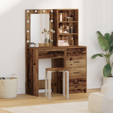 vidaXL 2-delige make-uptafelset met LED in oud hout en samengesteld hout