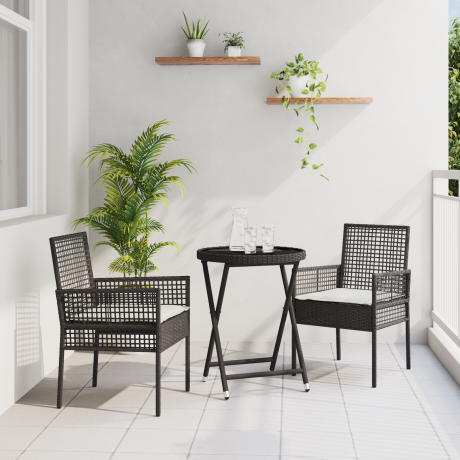 vidaXL 3-delige Bistro Set voor in de Tuin met Kussens - Zwart Poly Rattan