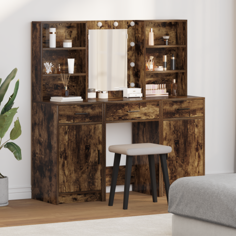 vidaXL Make-up tafel set met LED 3 pcs Gerookt eiken Bewerkt hout