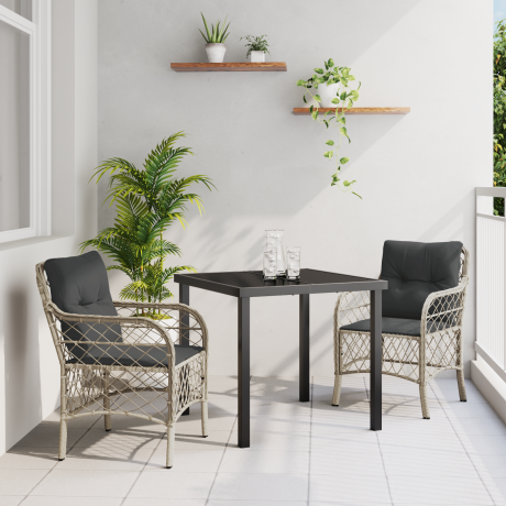 vidaXL 3-delige Tuin Eettafel Set met Kussens Lichtgrijs Poly Rattan