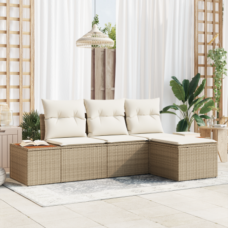 vidaXL 4-delige tuinset met kussens in beige poly rattan en acacia