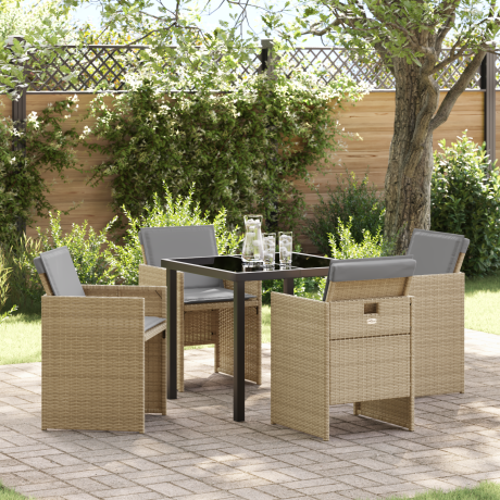 vidaXL 5-delige Tuin Eettafel Set met Kussens in Beige Poly Rattan