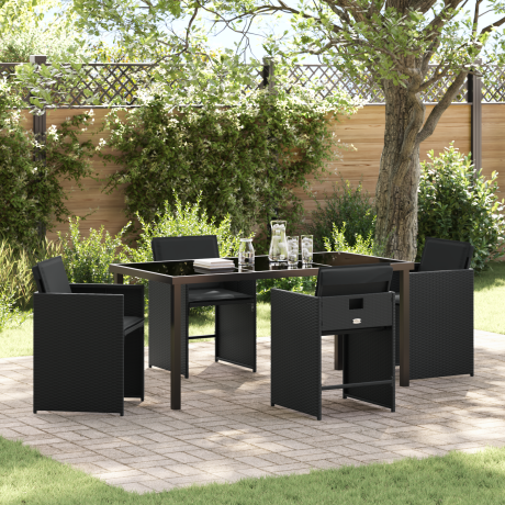 vidaXL 5-delige Tuin Eettafel Set met Kussens Zwart Poly Rattan