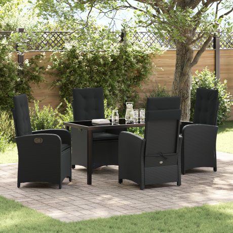 vidaXL 5-delige Tuin Eettafel Set met Kussens Zwart Poly Rattan
