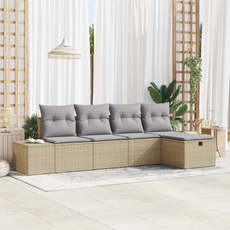 vidaXL 5-delige tuinset met kussens in beige van poly rattan