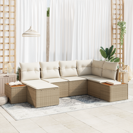 vidaXL 6-delige ligbedset met kussens in beige poly rattan en acacia