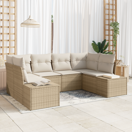 vidaXL 6-delige tuinset met kussens in beige poly rattan