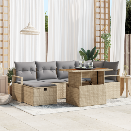 vidaXL 7-delige ligbed set met kussens beige poly rattan