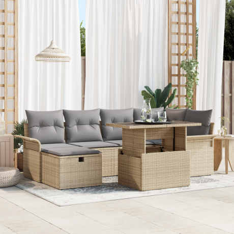 vidaXL 7-delige ligbed set met kussens in beige poly rattan