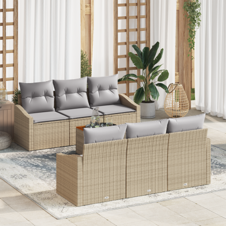 vidaXL 7-delige ligbedden set met kussens Beige Poly Rattan Acacia