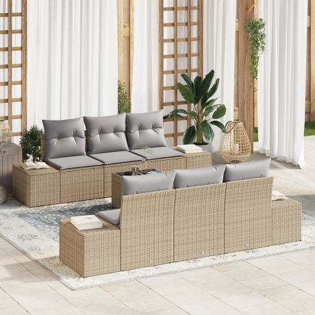 vidaXL 7-delige ligbedset met kussens Beige Poly Rattan