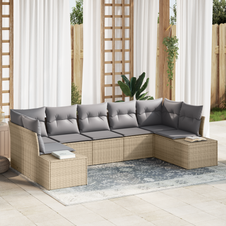 vidaXL 7-delige tuinset met kussens in beige poly rattan