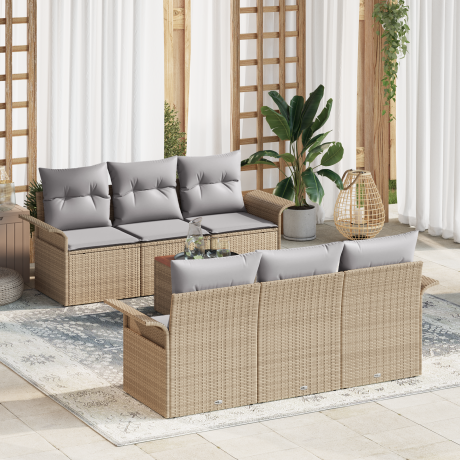 vidaXL 7-delige tuinset met kussens van beige poly rattan en acacia wood