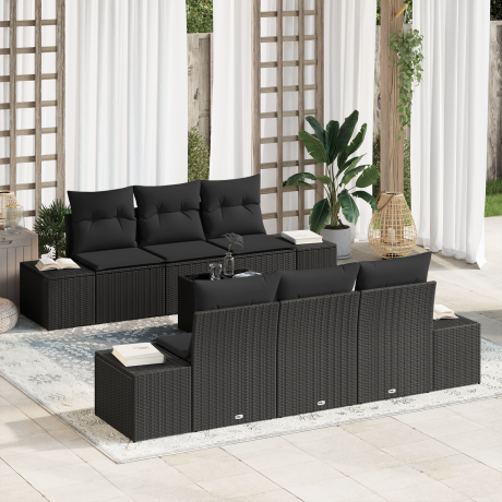 vidaXL 7-delige tuinset met kussens zwart poly rattan