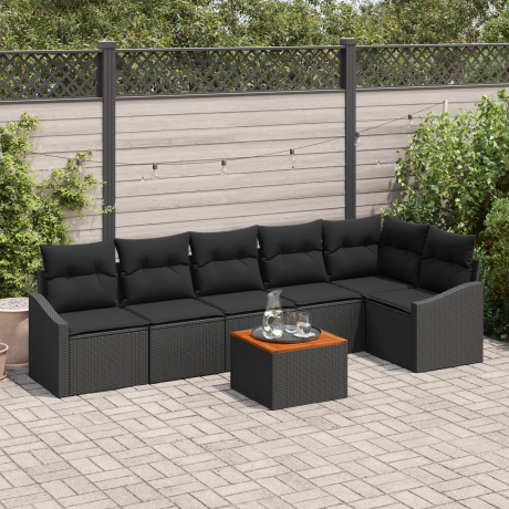 vidaXL 7-delige tuinset met zwarte kussens van poly rattan en acaciahout