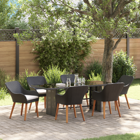 vidaXL Tuin eettafelset met kussen 7 pcs Zwart poly rattan