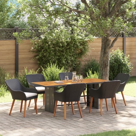 vidaXL Tuin eettafelset met kussen 7 pcs Zwart poly rattan