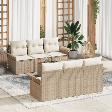 vidaXL 7-delige tuinsofa set met kussens in beige, gemaakt van poly rattan en acacia