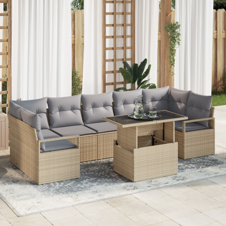 vidaXL 8-delige ligbed set met kussens Beige Poly Rattan