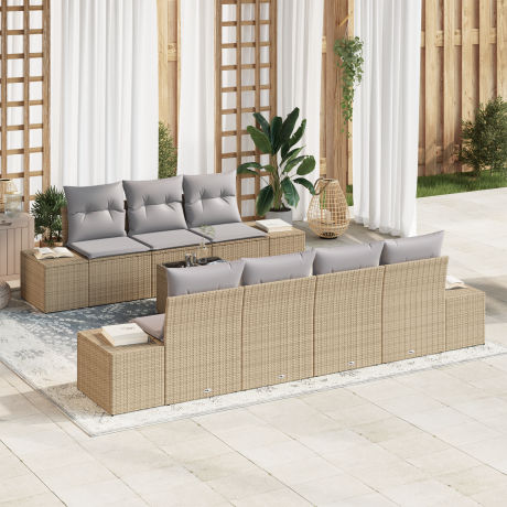vidaXL 8-delige tuinset met kussens in beige poly rattan