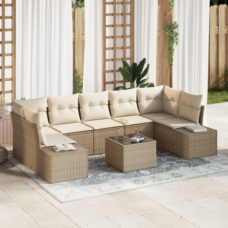 vidaXL 8-delige tuinset met kussens in beige poly rattan