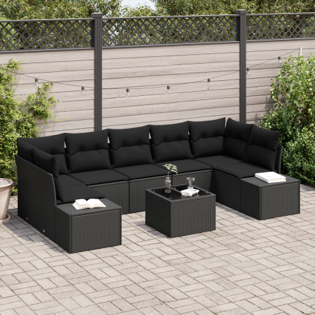 vidaXL 8-delige tuinset met kussens zwart poly rattan