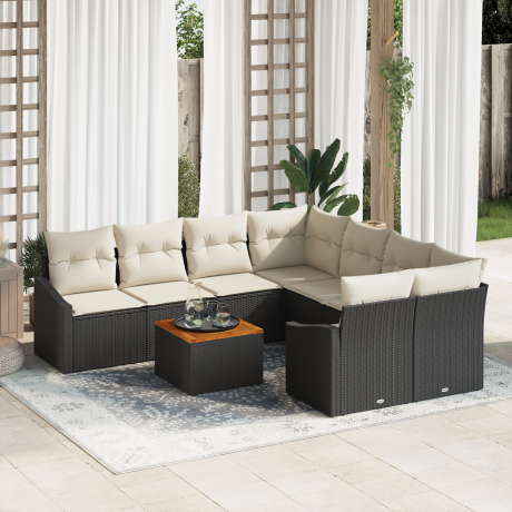 vidaXL 9-delige tuinsalonset met kussens in zwart poly rattan en acacia