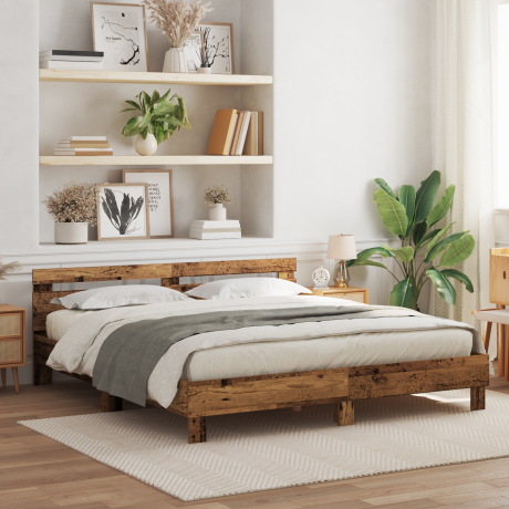 vidaXL Bedframe met LED Oudhout 200 x 200 cm Bewerkt hout